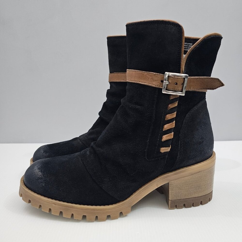 Miz Mooz Mandy Ankle Boot Womens EU 41 Black Suede Whipstitch Buckle Chunky Heel - Picture 16 of 16